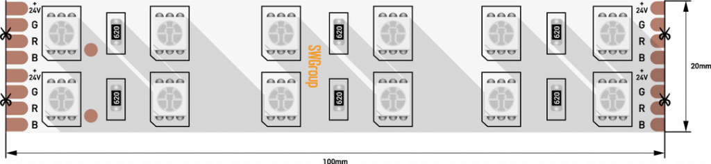 Светодиодная лента стандарт 5050, 120 LED/м, 28,8 Вт/м, 24В , IP65, Цвет: RGB SWG 000066