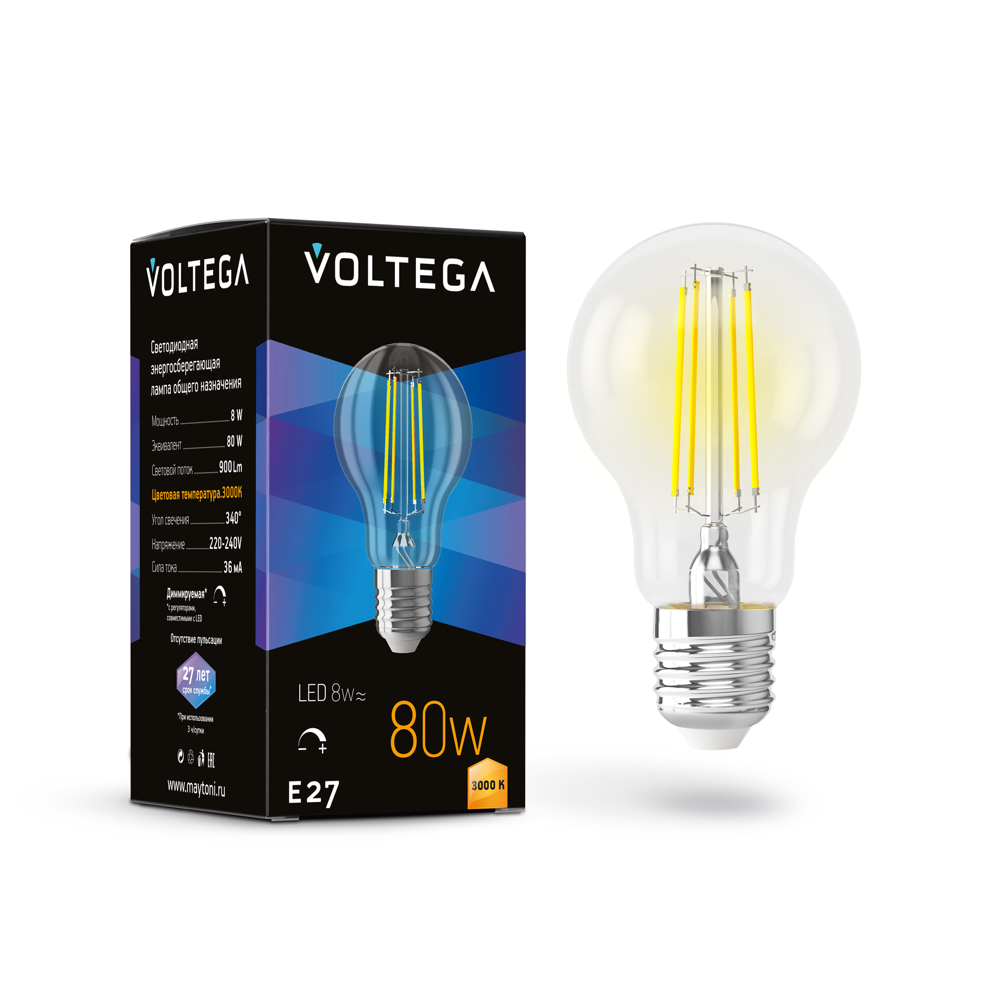 Светодиодная лампа 8W 3000K E27 DIM Voltega Crystal A60 7229