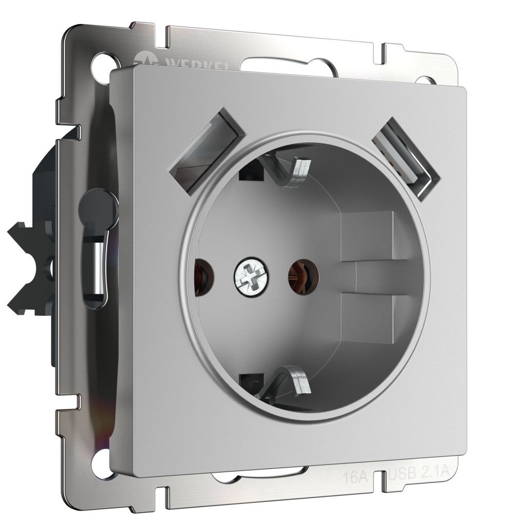 Розетка с заземлением, шторками и USBх2 серебряная Werkel W1171506 4690389156458 a051497
