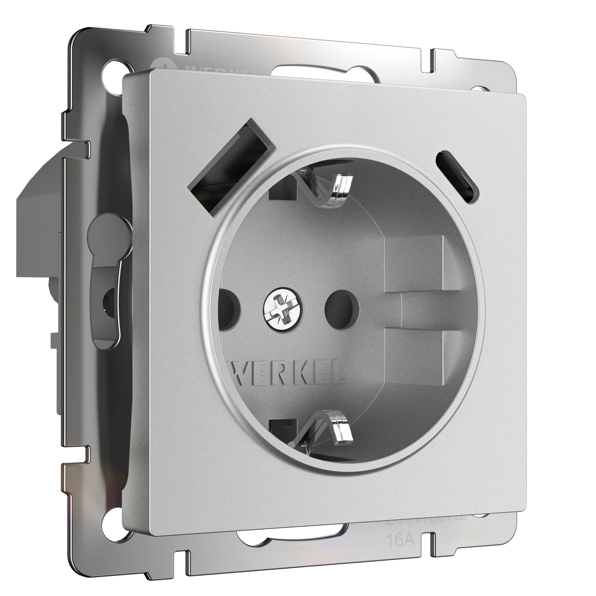 Розетка с заземлением, шторками и USB тип A+C  (серебряный матовый) Werkel W1171765