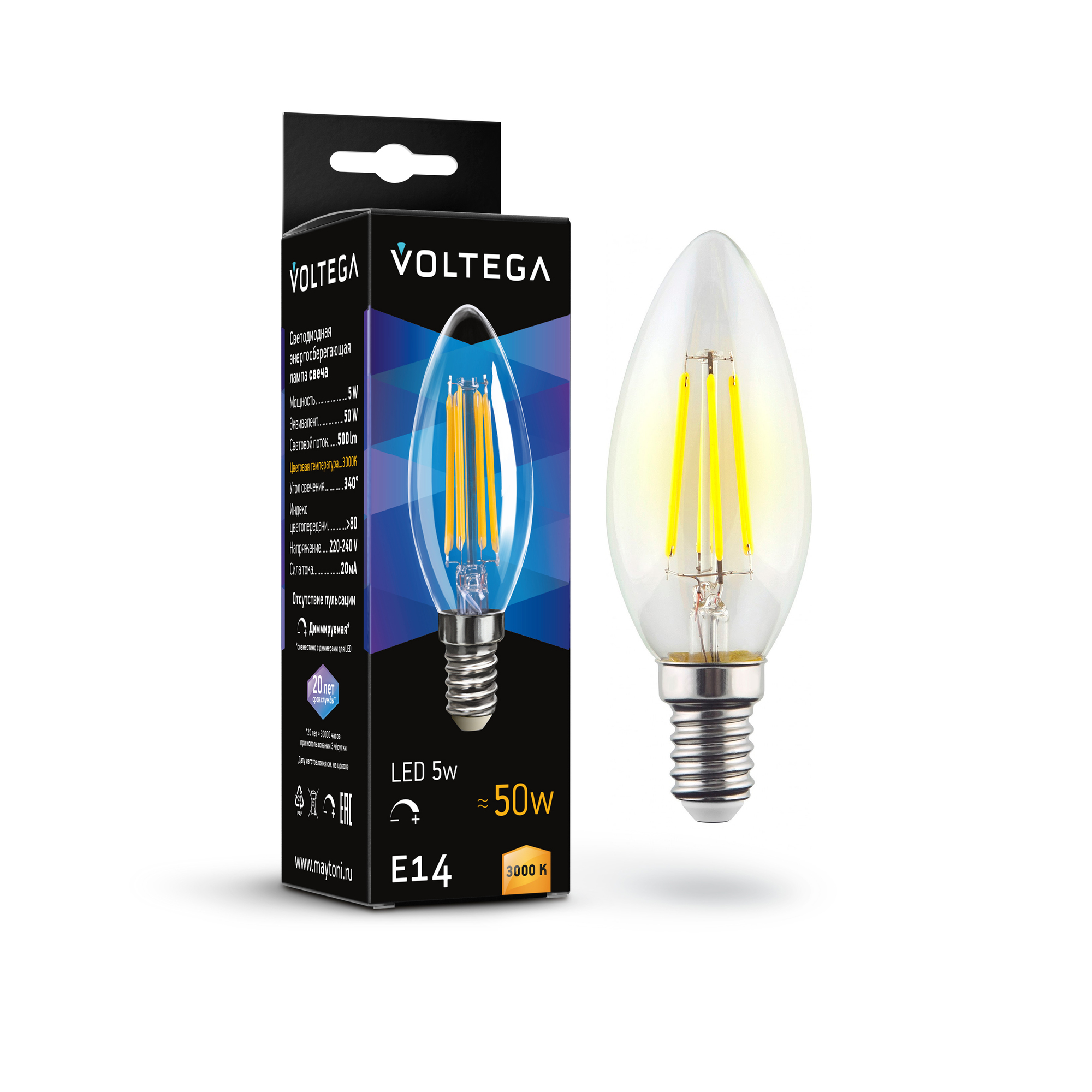 Светодиодная лампа 5W 3000K E14 DIM Voltega Crystal Candle 7200