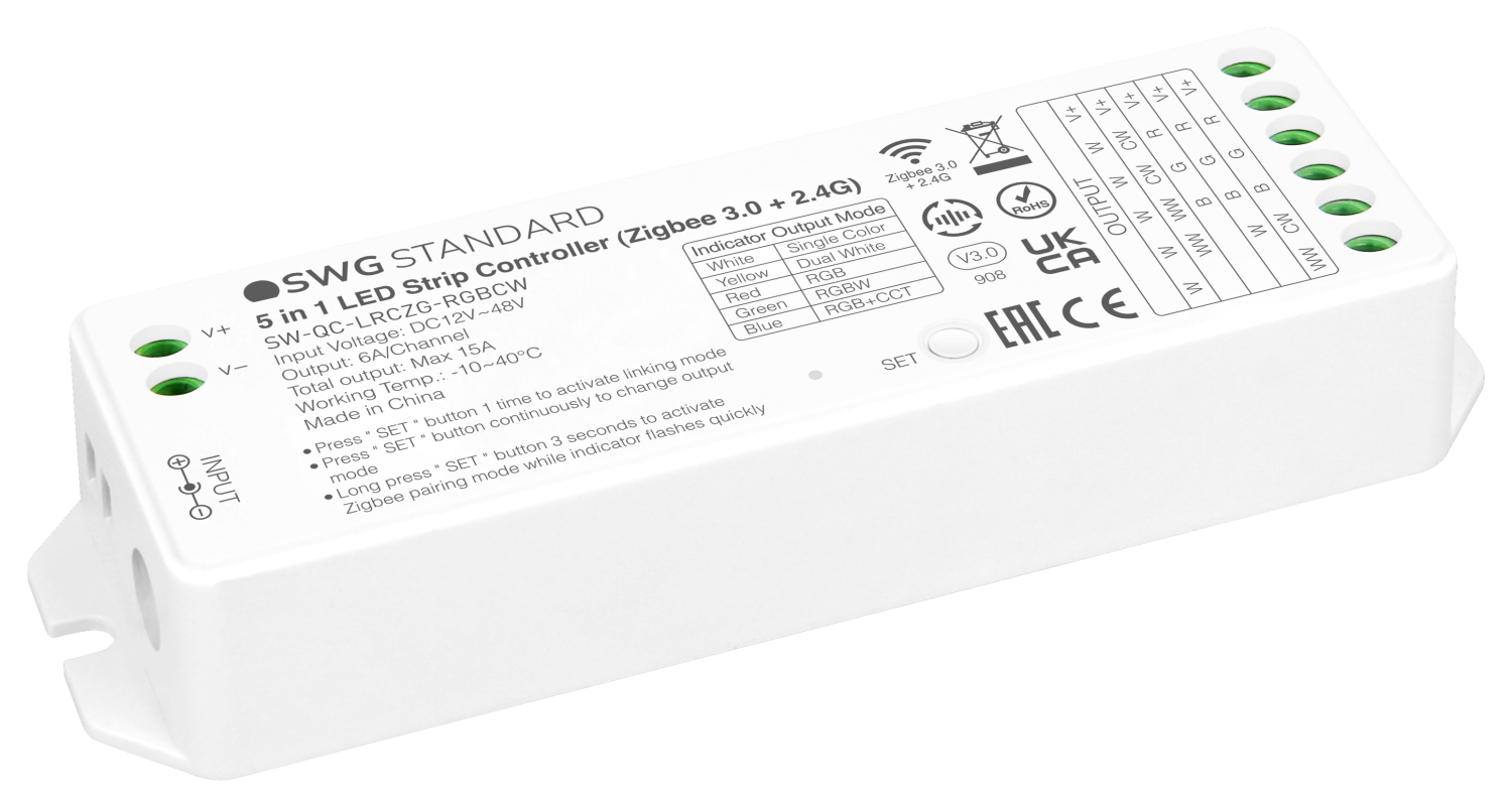Контроллер для светодиодной ленты 5 в 1 (монохромный, CCT, RGB/RGBW, RGB+CCT), 16A 12/48В SWG Quick Control SW-QC-LRCZG-RGBCW