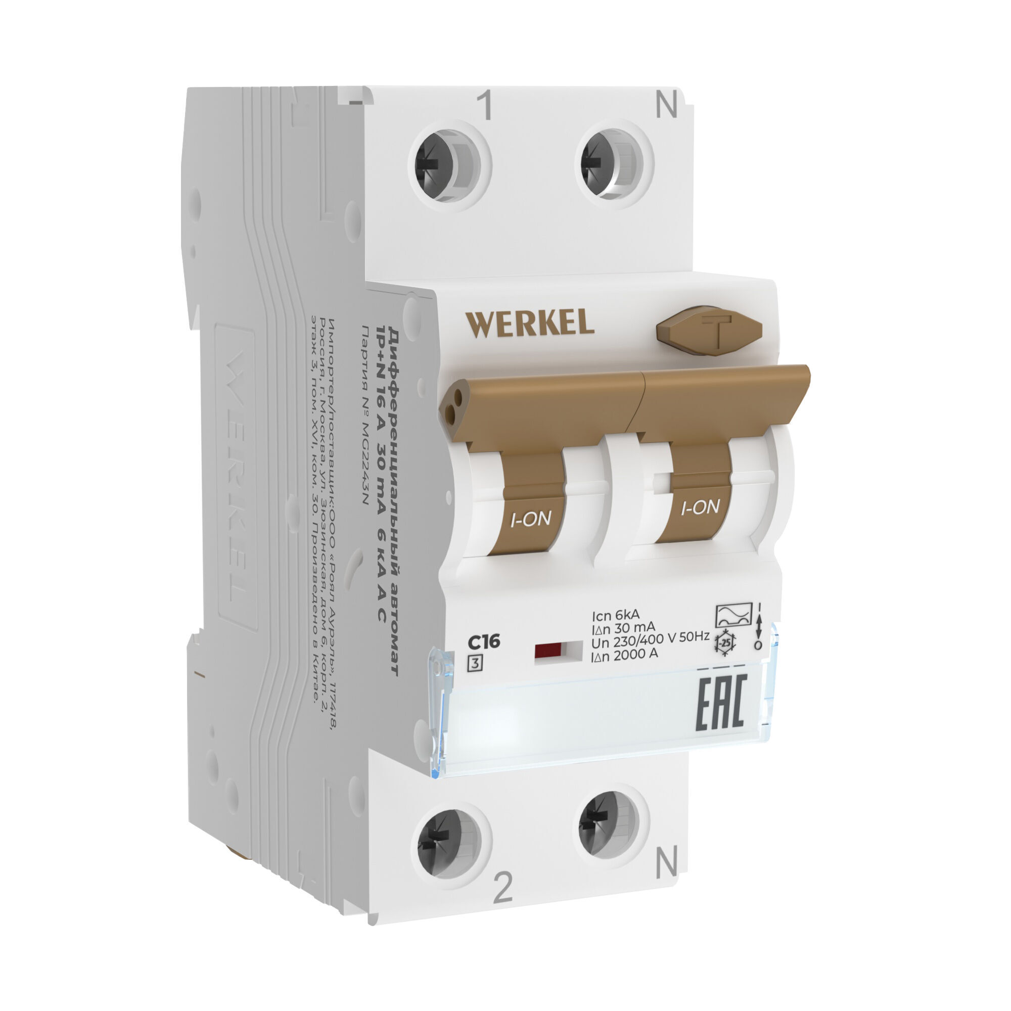 Дифференциальный автомат 1P+N 16 A 30 mА 6 kА C A Werkel W922P166 (a062444)