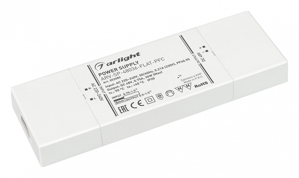 Блок питания для светодиодной ленты ARV-SP-48036-FLAT-PFC (48V, 0.75A, 36W) (IP20 Пластик, 5 лет) Arlight 052080