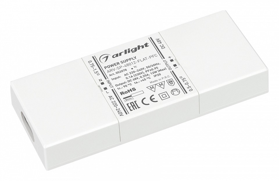 Блок питания для светодиодной ленты ARV-SP-48012-FLAT-PFC (48V, 0.25A, 12W) (IP20 Пластик, 5 лет) Arlight 052078