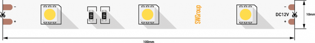 Светодиодная лента стандарт 5050, 30 LED/м, 7,2 Вт/м, 12В , IP20, Цвет: Теплый белый SWG 000079