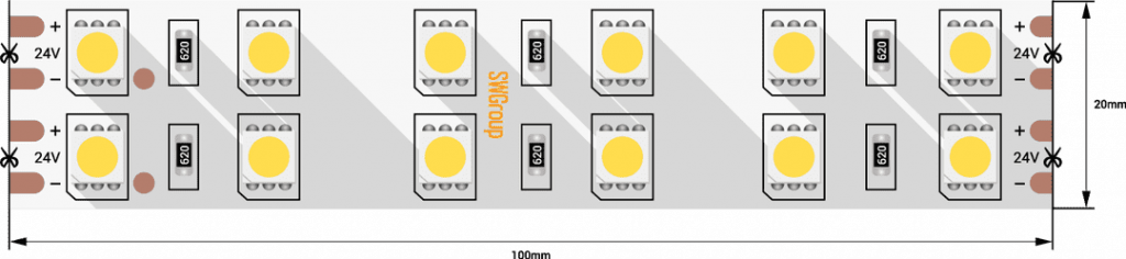 Светодиодная лента стандарт 5050, 120 LED/м, 28,8 Вт/м, 24В , IP20, Цвет: Холодный белый SWG 000087