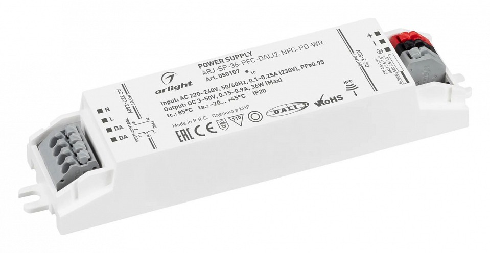 Блок питания для светодиодной ленты ARJ-SP-36-PFC-DALI2-NFC-PD-WR (36W, 3-50V, 0.15-0.9A) (IP20 Пластик, 5 лет) Arlight 050107