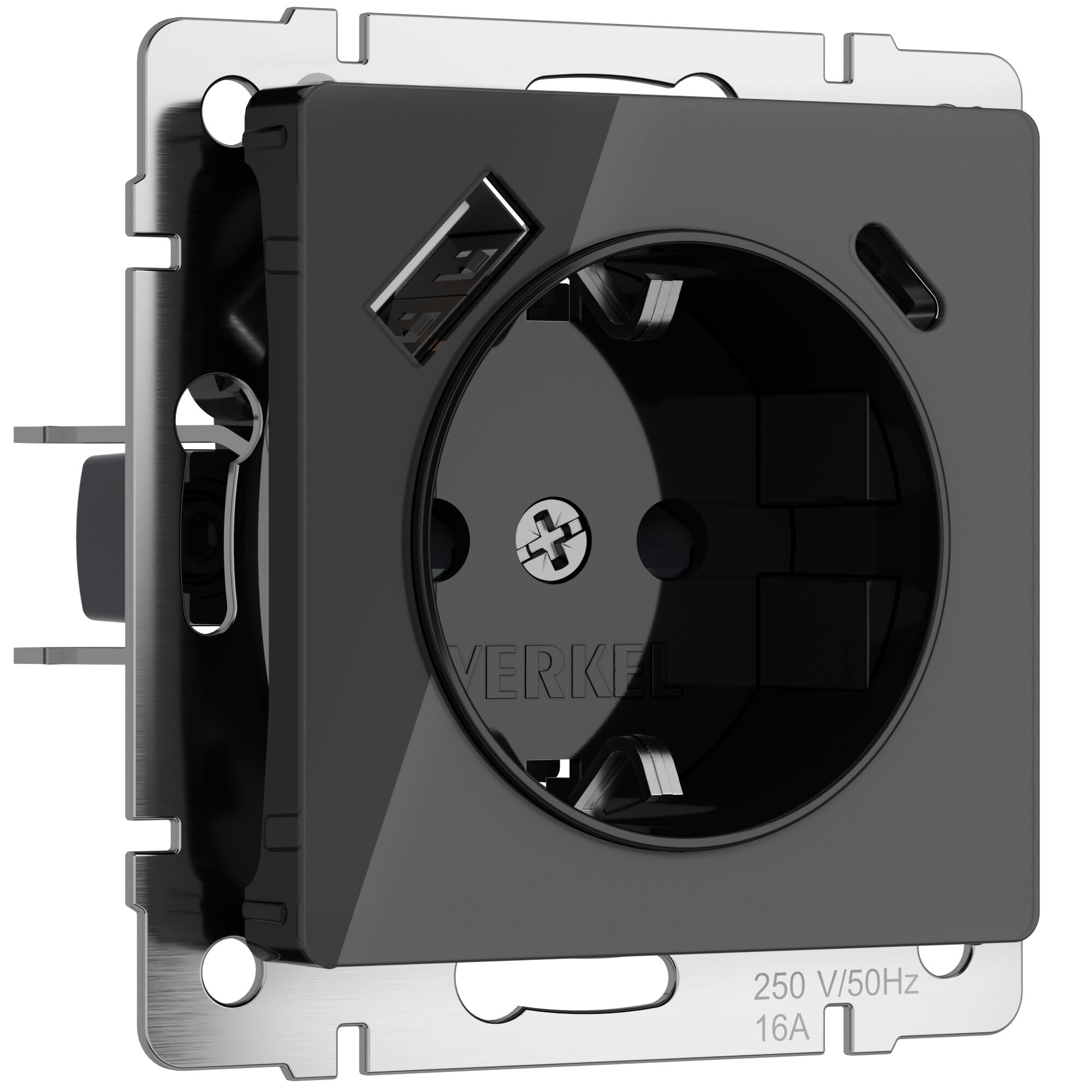 Розетка с заземлением, шторками и USB тип A+C Werkel черный W1171748