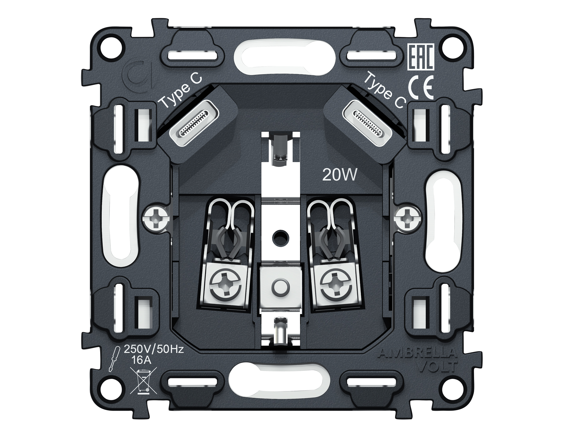 Механизм электрической розетки 2USB С+C 20W быстрая зарядка с заземлением на винтовых зажимах 16A-250V Ambrella Volt VM VM165