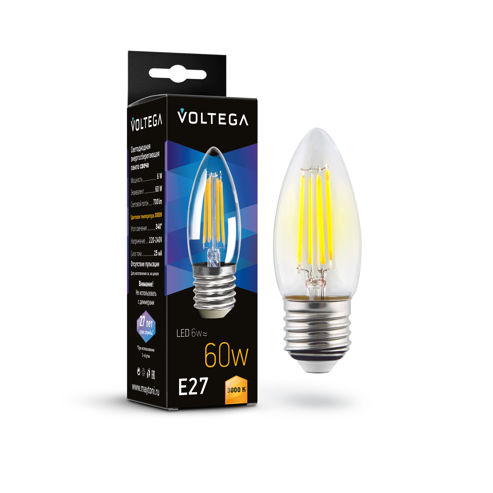 Светодиодная лампа 6W 3000K E27 Voltega Crystal Candle  7208