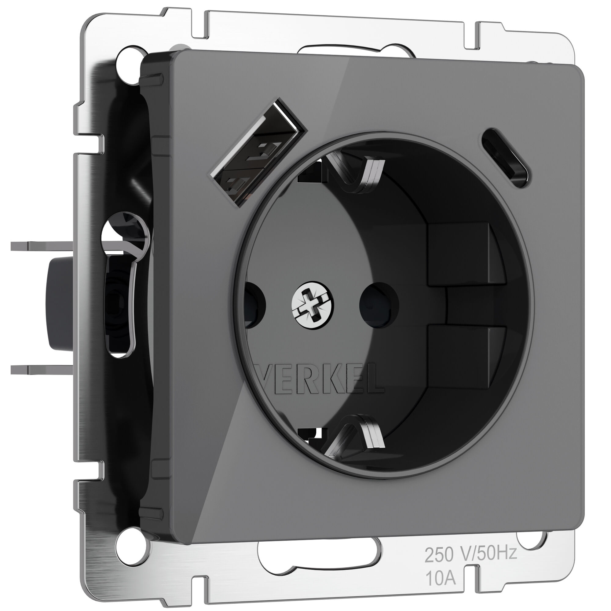 Розетка с заземлением, шторками и USB тип A+C Werkel графит W1171744