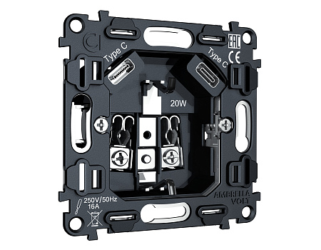 Механизм электрической розетки 2USB С+C 20W быстрая зарядка с заземлением на винтовых зажимах 16A-250V Ambrella Volt VM VM165