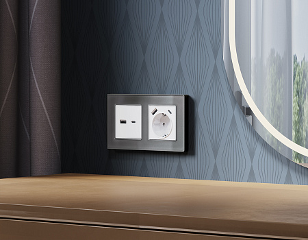 Лицевая панель для электрической розетки с/з со шторками 2USB A+C QUANT Ambrella Volt ALFA AP1300 Лицевая панель для электрической розетки с/з со шторками 2USB A+C QUANT Ambrella Volt ALFA AP1300