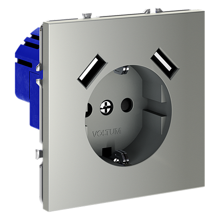 Розетка встраиваемая VOLTUM S70 с заземлением и защитными шторками, с USB, A+A, (сталь) VLS040405 Розетка встраиваемая VOLTUM S70 с заземлением и защитными шторками, с USB, A+A, (сталь) VLS040405