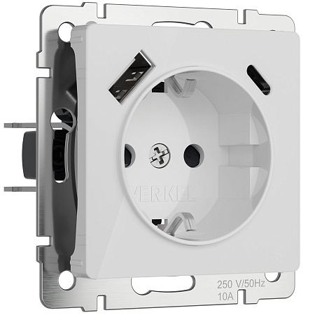 Розетка с заземлением, шторками и USB тип A+C Werkel белый W1171741