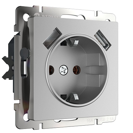 Розетка с заземлением, шторками и USBх2 серебряная Werkel W1171506 4690389156458 a051497