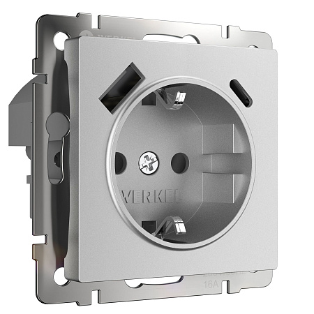 Розетка с заземлением, шторками и USB тип A+C  (серебряный матовый) Werkel W1171765