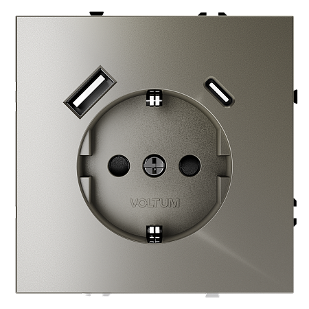 Розетка встраиваемая VOLTUM S70 с заземлением и защитными шторками, с USB, A+С, (шелк) VLS040504