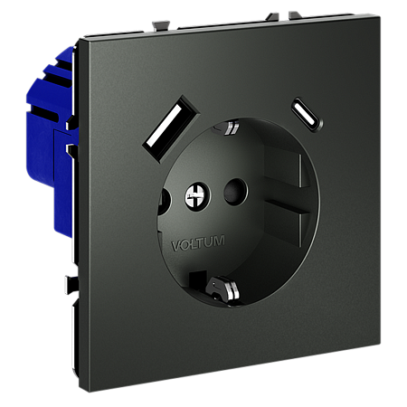 Розетка встраиваемая VOLTUM S70 с заземлением и защитными шторками, с USB, A+С, (титан) VLS040506 Розетка встраиваемая VOLTUM S70 с заземлением и защитными шторками, с USB, A+С, (титан) VLS040506