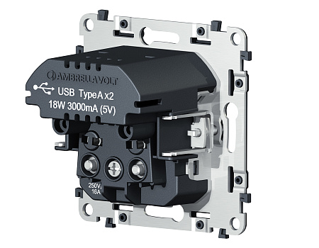 Механизм электрической розетки 2USB С+C 20W быстрая зарядка с заземлением на винтовых зажимах 16A-250V Ambrella Volt VM VM165