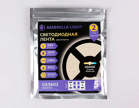 Светодиодная лента GS3602 2835 204Led 20W 24V IP20 4500K Ambrella light GS GS3602 Светодиодная лента GS3602 2835 204Led 20W 24V IP20 4500K Ambrella light GS GS3602