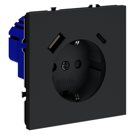 Розетка встраиваемая VOLTUM S70 с заземлением и защитными шторками, с USB, A+С, (графит) VLS040507 Розетка встраиваемая VOLTUM S70 с заземлением и защитными шторками, с USB, A+С, (графит) VLS040507