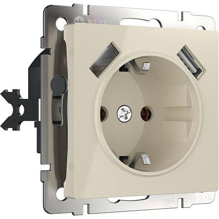 Розетка с заземлением, шторками и USBх2 слоновая кость Werkel W1171503 4690389155833 a051486