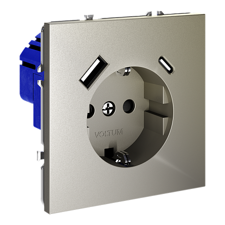 Розетка встраиваемая VOLTUM S70 с заземлением и защитными шторками, с USB, A+С, (шелк) VLS040504