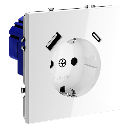 Розетка встраиваемая VOLTUM S70 с заземлением и защитными шторками, с USB, A+С, (белый глянцевы VLS040501 Розетка встраиваемая VOLTUM S70 с заземлением и защитными шторками, с USB, A+С, (белый глянцевы VLS040501