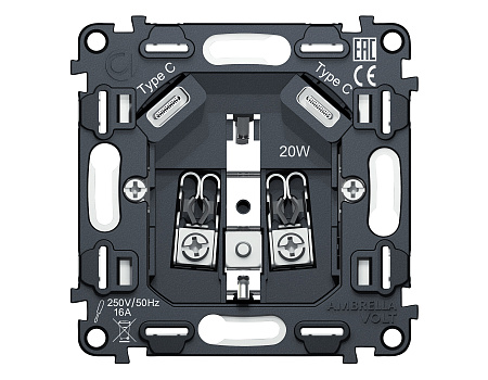 Механизм электрической розетки 2USB С+C 20W быстрая зарядка с заземлением на винтовых зажимах 16A-250V Ambrella Volt VM VM165