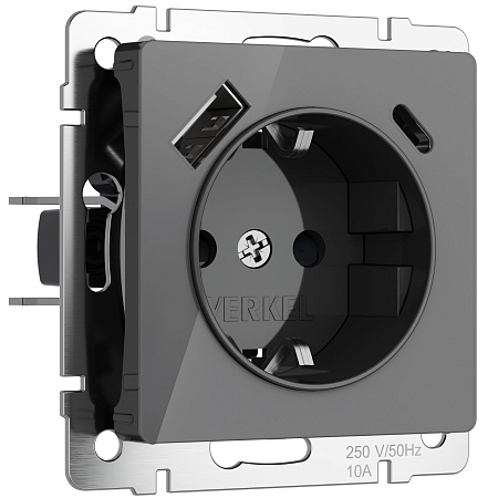 Розетка с заземлением, шторками и USB тип A+C Werkel графит W1171744